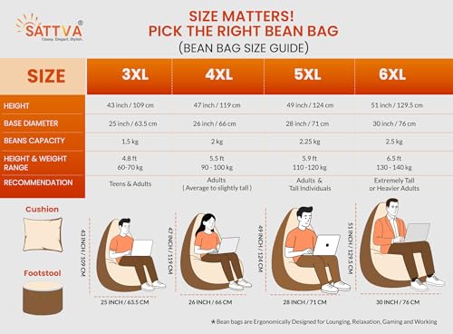 Image of Sattva Classic 3XL Bean Bag Chair with Beans Filled | Faux Leather Sofa Style Beanbag for Adults | Includes Footstool & Cushion | Comfortable Bin Bags Sofa & Beam Bag Seating for Home | Brown & Cream