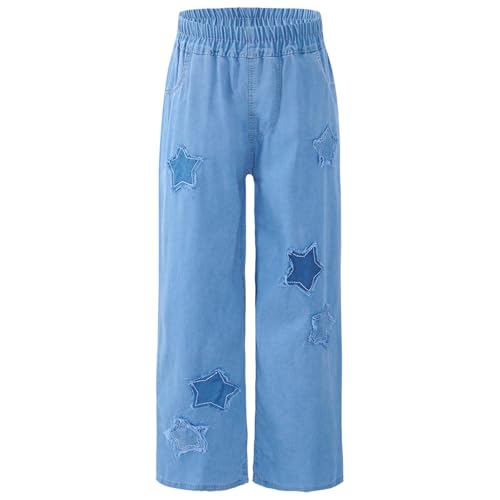 Children Girls Jeans Elastic Waist Wide Leg Pants Casual Denim Trousers with Pocket 5-16 Years