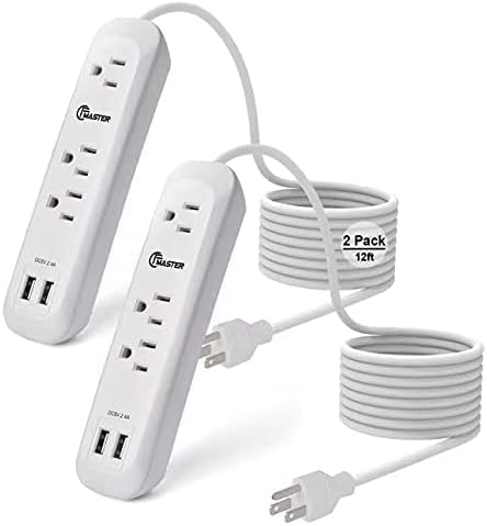 USB Power Strip Surge Protector Long Extension Cord 12 feet, 3 Outlets, 2 USB Ports (2.4A/12W), Overload Protection, Mountable Power Strip for Home Office, 1250W/10A, SGS Listed, White.Two Pack