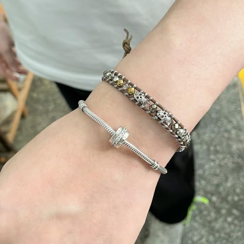 Image of KELITCH 925 Silver Skull Bracelets Wrap Bracelets Women Crystal Beaded Bracelets on Natural Leather