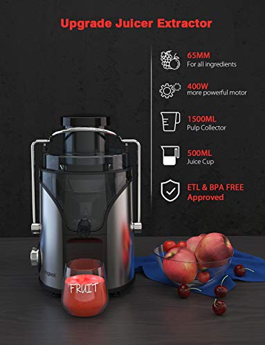 homgeek Juicer Easy Clean Juice Extractor Press Centrifugal Juicing Machine, Wide 3" Feed Chute for Whole Fruit Vegetable, Anti-drip, BPA-Free, Dual Speed and Overheat Overload Protection, Silver