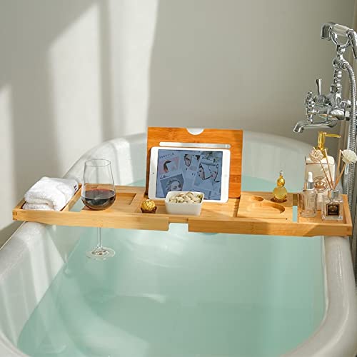 Bamboo Bathtub Caddy Tray, Bath Tub Tray with Towel Holder, Adjustable Bathtub Table with Book Holder, Phone Slot, Cup Placement by Hikio - Used condition - CA$30.59