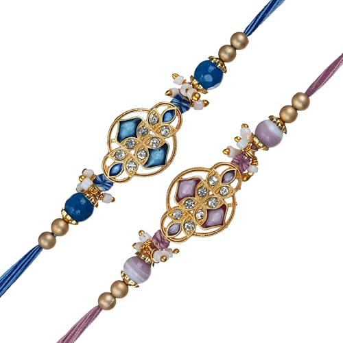 Image of eCraftIndia Set of 2 Multicolor Religious Om Symbol and Peacock Designer Rakhis with Roli Chawal Pack and Best Bro Ever Fridge Magnet - Rakhi for Brother