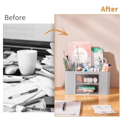 Image of Marbrasse Pen Organizer with 2 Drawer, Multi-Functional Pencil Holder for Desk, Desk Organizers and Accessories with 5 Compartments + Drawer for Office Art Supplies (Grey)