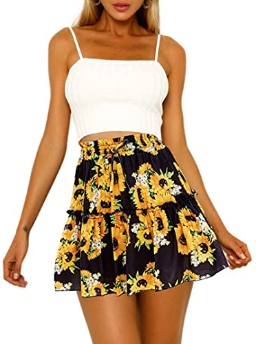 Hibluco Women  Floral Layered Ruffles Tie up High Waist Short Pleated Skirt