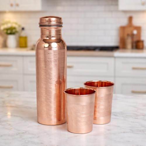 Image of Copper Water Bottle with 2 Glass | 1 Liter Leak Proof Reusable Copper Drinking Bottle | Ayurvedic Copper Bottle for Daily Hydration, Home, Office & Travel