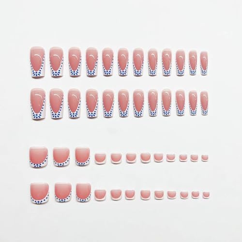 Image of 48 Pcs French Tip Press on Nails & Press on Toenails Set Square Fake Nails with Bohemia Design White Blue Glue on Nails Glossy Artificial Acrylic Full Cover False Toe Nails for Women Summer Manicure