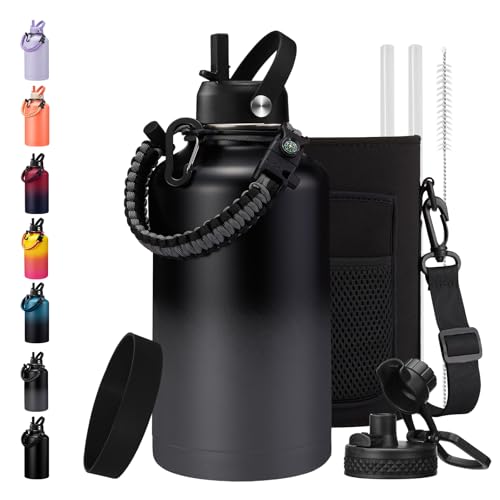 Half Gallon Water Bottle with Straw - Chug Lid, Paracord Handle, Silicone Boot, Keep Ice Cold-48H & Hot-24H, Vacuum Insulated Water Jug with Carrier Bag, 64 oz Metal Insulated Water Bottle for Man