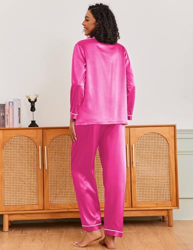 Image of Ekouaer Pajamas for Women Silk Satin Button Down Long Sleeve Pajama Sets
