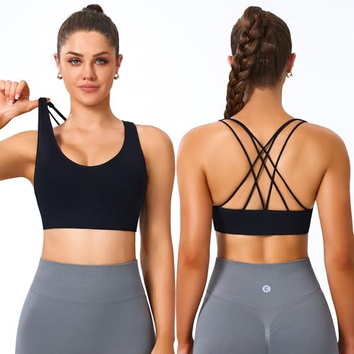 Image of Women's Cross Back Sport Bras, Seamless Padded Strappy High Support Yoga | Removable Pads, 4-Way Stretch, A-DD Cup, Full Coverage, Scoop Neck, Cropped Bra, Sweat-Wicking, Pull-on, for Yoga Gym Workout