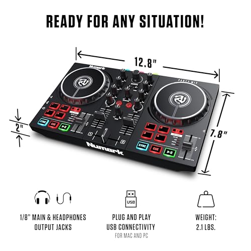 Image of Numark Party Mix II DJ Controller with Built-in Lights | 2-Deck, DJ Mixer, Touch-Capacitive Wheels, Integrated Audio Interface, and Serato DJ Lite
