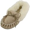 Dames Beige/Camel Suede Mocassin Slippers met wollen voering, wollen manchet en rubberen zool
