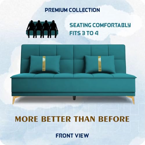 Image of Adorn India Premium New Alyssum 3 Seater Sofa Cum Bed 4X6 Velvet Suede with 2 Cushions (Color Aqua Blue) and Suitable for All Indoor, with 3 Years Warranty