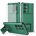 Asuwish Phone Case for Samsung Galaxy S23 Ultra 5G with Tempered Glass Screen Protector and Slide Camera Cover Kickstand Stand Slim Protective Cell S23Ultra 23S S 23 23Ultra 6.8 inch Women Men Green