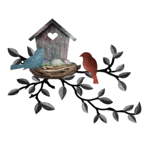 COLOR VALLEY ART-Metal Bird Wall Art Birds on The Branch Wall Decor Leaves with Birds Sculpture Bird Silhouette Metal Ornament Branch Wall Hanging Sign for Balcony Garden Decor (Dark Grey-16.5''x13'')