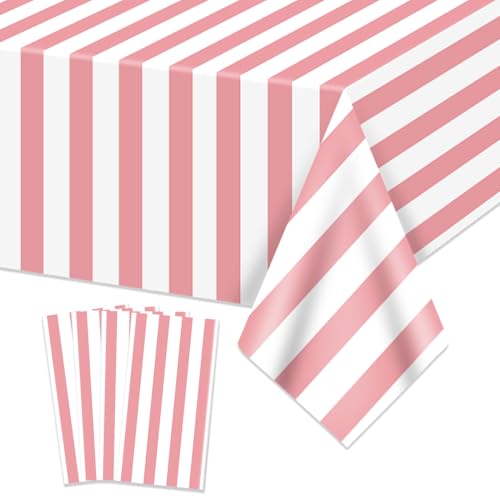 Lot de 4 nappes à rayures roses et blanches - Décoration de table en plastique pour vacances, anniversaire, fête prénatale, mariage - 130 x 220 cm