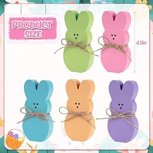 Easter Wooden Bunny Peeps Tiered Tray Decor 5Pcs Easter Rabbit Decorations for Home Table Spring Wood Peeps Centerpiece Signs Decor with Jute Rope for Mantel Shelf 5 Colors