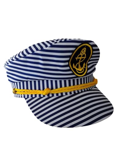 Image of BookMyCostume Unisex Blue and White Striped Sailor Captain Cap - Yacht Cap with Embroidered Anchor Badge and Gold Detail - Classic Marine Costume Accessory for Boat Parties & Summer Cruises | Adults