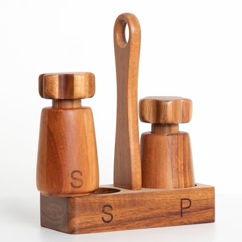 Wooden Salt and Pepper Grinder w/Base, Acacia Unique Star Style Grinder Wood Pepper Mill Set, Wooden Pepper Shakers Refillable Seasoning Spices Container Grinder, Adjustable for Customized Coarseness