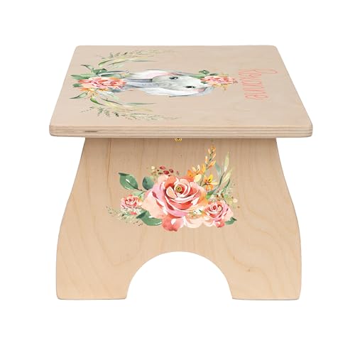 Step-Stool-for-Toddlers-Personalized-Wood-Kids-Step-Stool-with-Name-for-Kitchen-Sink-Bathroom-Potty-Training-Toilet-Kitchen-Sink-Sturdy-and-Safe-Made-in-USA-by-BloomOwl-Elephant-Coral-Floral Step Stool for Toddlers Personalized Wood Kids Step Stool with Name for Kitchen Sink Bathroom Potty Training Toilet Kitchen Sink Sturdy and Safe Made in USA by BloomOwl Elephant Coral Floral