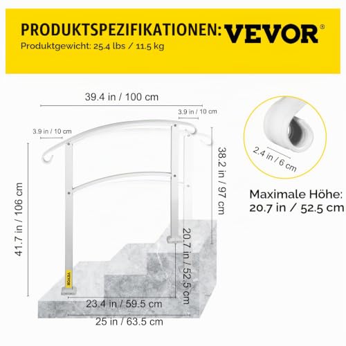 VEVOR 3-Stufen-Treppengeländer für Außentreppen, geeignet für 1 oder 3 Stufen, matt Weiß, Eisenhandlauf mit Einbausatz, Außenstufenhandläufe