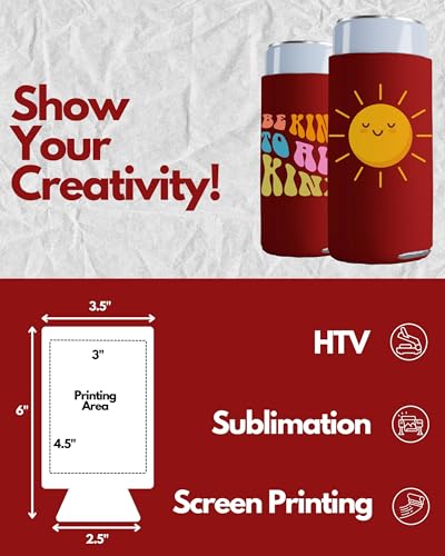 Image of PartyPrints 200 Pack Red Blank Slim Can Cooler Sleeves | Plain Seltzer Customizable Bulk Coolers for Beer Bottles & 12oz Tall Cans | Skinny Collapsible Drink Insulated Sleeve