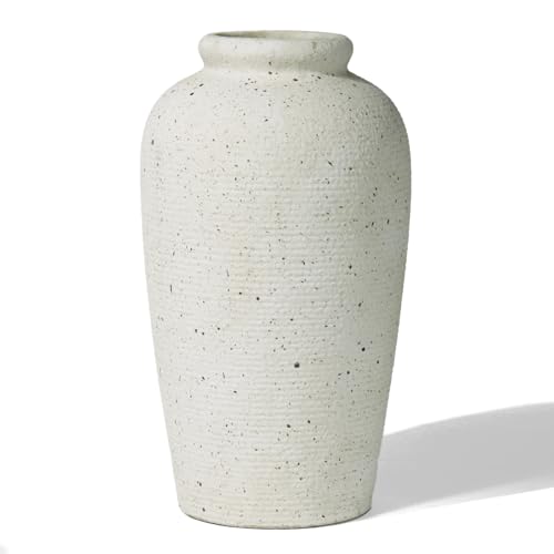 Large Beige Ceramic Rustic Vase, 11 Inch Ribbed Speckled Decorative Farmhouse Tall Vase for Home Decor, Living Room, Entryway, Shelf Decor, Mantel, Table Decoration