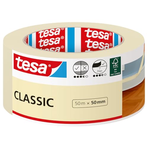tesa Malerband CLASSIC - Abdeckband zum Abkleben bei Malerarbeiten - lösungsmittelfrei rückstandslos entfernbar - 50 m x 50mm