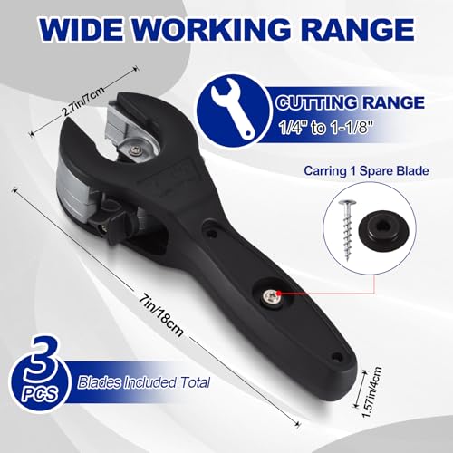 3rd Gen Ratcheting Tube Cutter in Narrow Space, Premium Pipe Cutters(1/4in to 1-1/8in) for Copper, Brass and Aluminum, Total 3 Steel Bades(2 on the cutter, 1 in the bag), 1 Pair of Slip-free Gloves