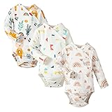 DEFAHN Side Snap Bodysuit Baby Kimono Onsies with Mitten-Cuffs 3-Pack Cotton Basic Pattern Boy Girl Kimono Bodysuits (Rainbow/RBear/Block Long Sleeve, 0-3 Months)