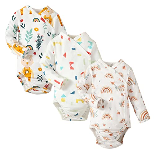 Image of DEFAHN Baby Side Snap Bodysuit Kimono Onsies Newborn Boy Girl 3-Pack 100% Cotton Basic Pattern Kimono Bodysuits