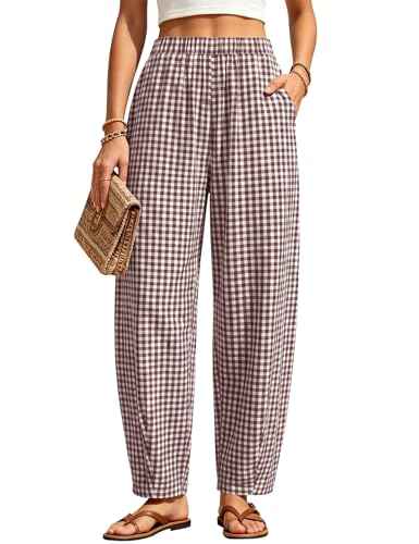 LOMON LOMON Womens Barrel Harem Travel Pants Baggy Casual Gingham Striped Bottoms
