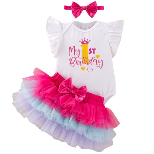 Winmany Roupa de primeiro aniversário do bebê 3PCS Laço de diadema Meu tutu de macacão de 1º aniversário Saia de festa de aniversário Smash Conjunto de roupas para sessão de fotos