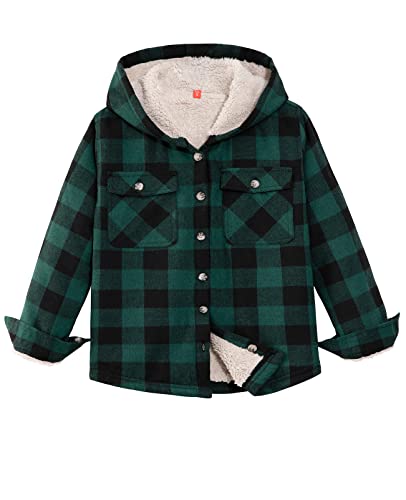 Image of ZENTHACE Boys Sherpa Fleece Lined Flannel Plaid Button Down Shirt Jacket,Hooded Flannel Shirt with Hand Pockets
