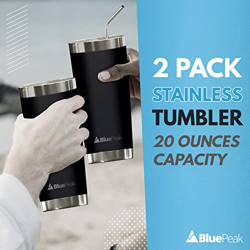 BluePeak Double Wall Vacuum Stainless Steel Insulated Tumblers Set, 2-Pack - Includes 2 Sipping Lids, 2 Spill-Proof Sliding Lids, 2 Straws, 1 Cleaning Brush & Gift Box (20 oz, Black)