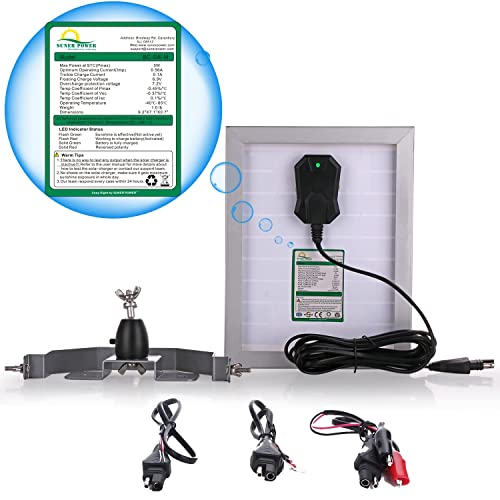 Suner Power 6V Solar Battery Charger Maintainer, Waterproof 5W Solar Trickle Charger, High Efficiency Solar Panel Kit, Built-In Intelligent Mppt Controller + Adjustable Bracket + Sae Cable Kits #TOP4