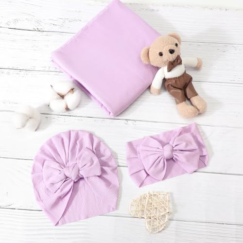 Image of DRESHOW BQUBO Baby Girl Newborn Receiving Blankets with Bow Hat Headband Wooden Birth Announcement Card Set Newborn Baby Swaddle Wrap Set Warm Shower Gift