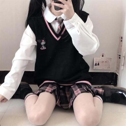 Image of Cartoon Sweater Vest Women Preppy Style V Neck Knit Sweaters Girls School Uniform Anime Sleeveless Pullover Tank Tops Black S