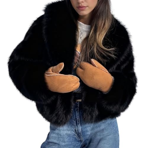 Generisch Kunstfell Jacke Damen Kurze - Pelzmantel Damen Flauschige Felljacke Langärmelig Warm Pelzjacke Flauschig Elegante Kunstfelljacke Kurzmantel Langarm Damen-Kurzmantel Revers Kunstfellmantel