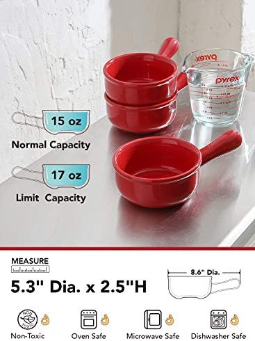 LE TAUCI French Onion Soup Bowls, 15 Ounce Ceramic Soup Bowls with Handles, for Chili, Beef Stew, Oven Microwave Dishwasher Safe, Set of 4, Red
