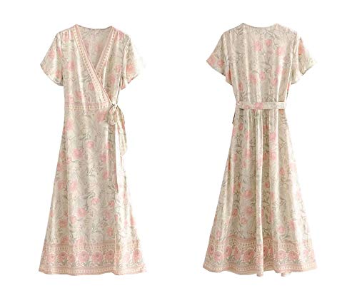 Image of R.Vivimos Women's Summer Short Sleeve Floral Print Bohemian Beach Waist Tie Wrap Long Flowy Dress with Slit