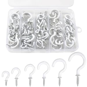 Romeda 90 Pcs White Ceiling Hooks kit, 6 Sizes Vinyl Coated Screw-in Plant, Kitchen, Cup, Ceiling Hooks for Hanging (1/2in, 5/8in,3/4in,7/8in,1”,1-1/4in)