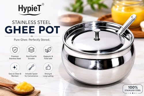 Image of Stainless Steel Ghee Pot with Lid & Spoon | Premium Food Grade Steel Container | Rust Proof, Hygienic & Durable Storage Pot for Kitchen | Dishwasher Safe