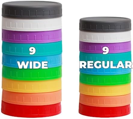 Jumterlee 18 Pack Plastic Mason Jar Lids with Silicone Rings, 9 Wide Mouth & 9 Regular Mouth Mason Jar Lids,Plastic Canning Lids, Fit Ball,Kerr and More (Multicolored)