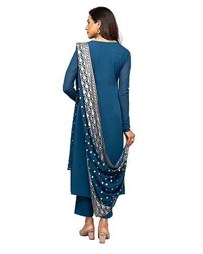 Image of FIORRA Women's Teal Blue Crepe A-line Kurta with Pant and Dupatta