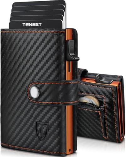 TENBST Carteras para Hombre | Tarjetero Cartera con Monedero & Bloqueo RFID | Tarjeteros para Tarjetas de Credito | Billeteras para Hombre | Regalo - Fibra de Carbon (Naranja-Negro)