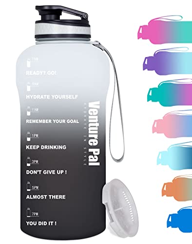Venture Pal Half Gallon/64oz Motivational Water Bottle with Time Marker & Removable Strainer, Leakproof BPA Free Water Jug to Remind You Drink More Water, Hydrate in Style-White/Gray Gradient