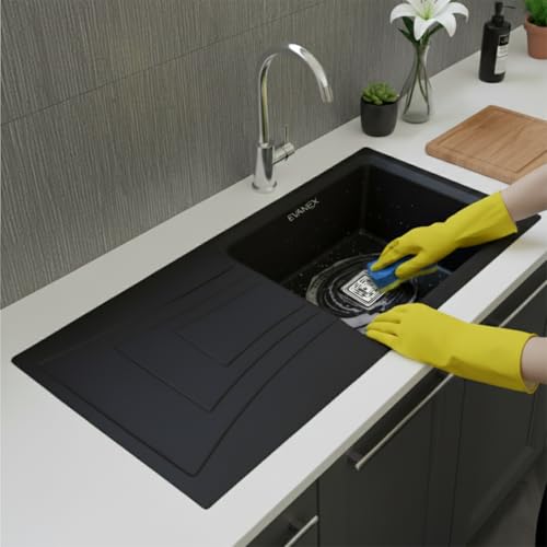 Image of EVANEX Quartz Sink for Kitchen|36x18x9 inch Kitchen Sink with Drain Board|Granite Sink for Kitchen Basin|Black Quartz Kitchen Sink with Connector, Waste Pipe, Coupling and Drain Basket
