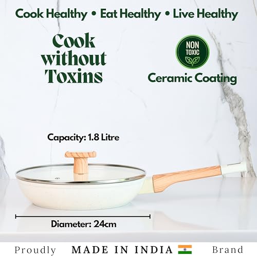 Image of Kreme Ceracook Ceramic Coated Granite Fry Pan 1.8L /24cm with Glass Lid, ISI Certified Frying Pan, Forged Aluminium, Gas & Induction Use, Non Toxic, PFAS & PTFE Free, 1 Year Warranty, Ivory