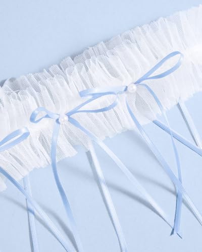xo, Fetti White Tulle Ruffle Bridal Garter + Blue Pearl Bows | Bride to Be Accessory, Bridal Shower Outfit, Wedding Something Blue Decorations, Engagement Gift2